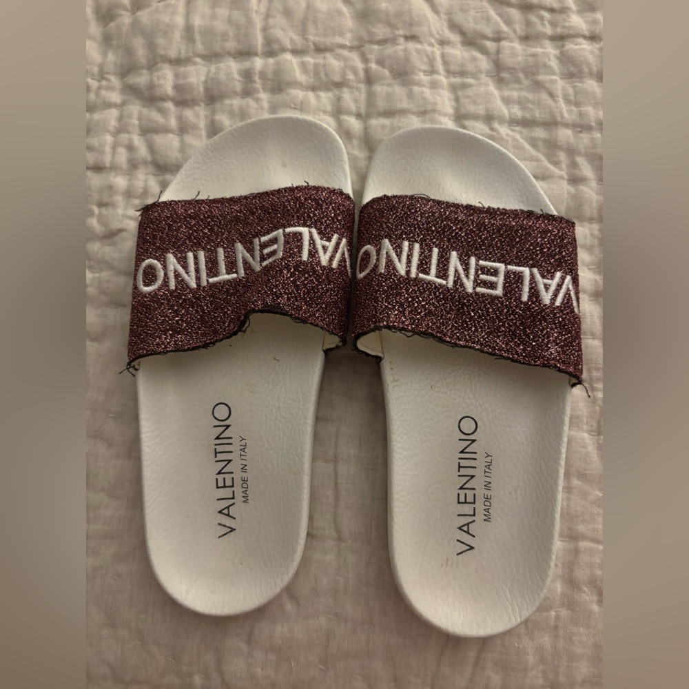 Valentino Maroon Glitter Slide Sandals